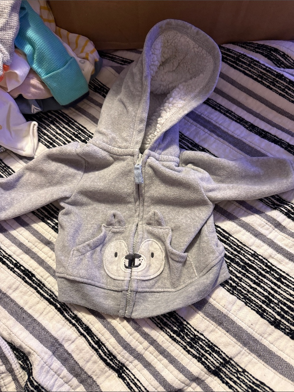 Carter's Light Gray Hooded Zip Sweatshirt with Bear Face Pocket